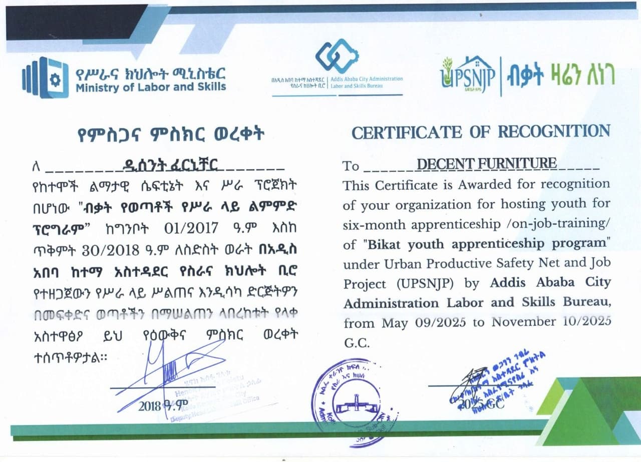 Certificate of Recognition — Addis Abeba City Administration Labour and Skills Bureau